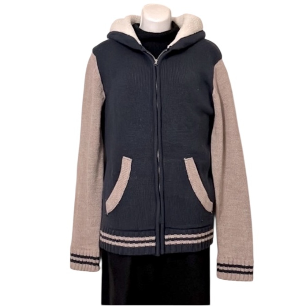 Cotton On Blue Tan Knit Varsity Preppy Style Hoodie Zipper Sweater Jacket M